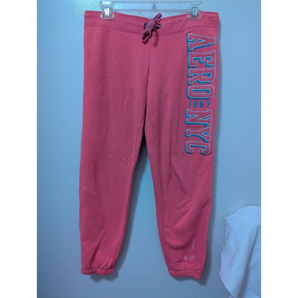 Aero NYC Size S Pink Solid Jogger Pants Drawstring Waist Logo Accent Tapered Leg